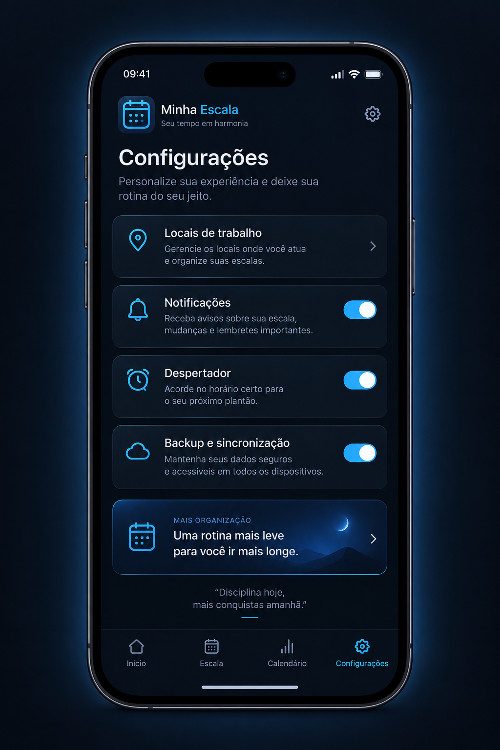 Tela de configurações do Minha Escala